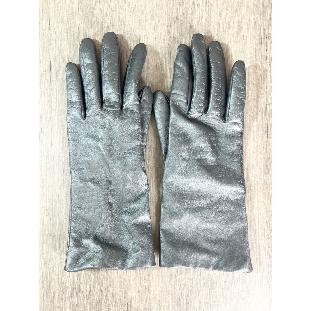 Fownes Metallic Silver Pewter Leather Cashmere Lined Gloves Size 7 RN17541